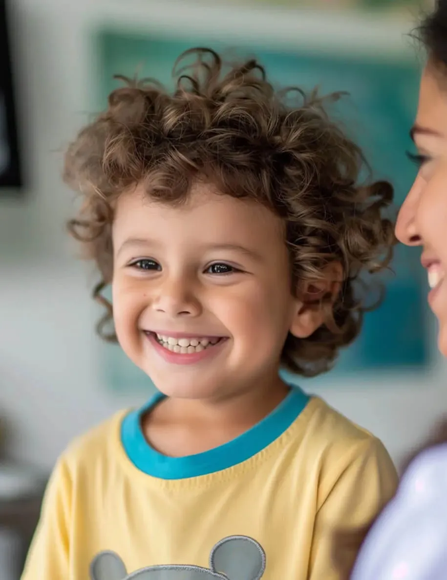 A young child with curly hair laughing, looking up at a parent beside them